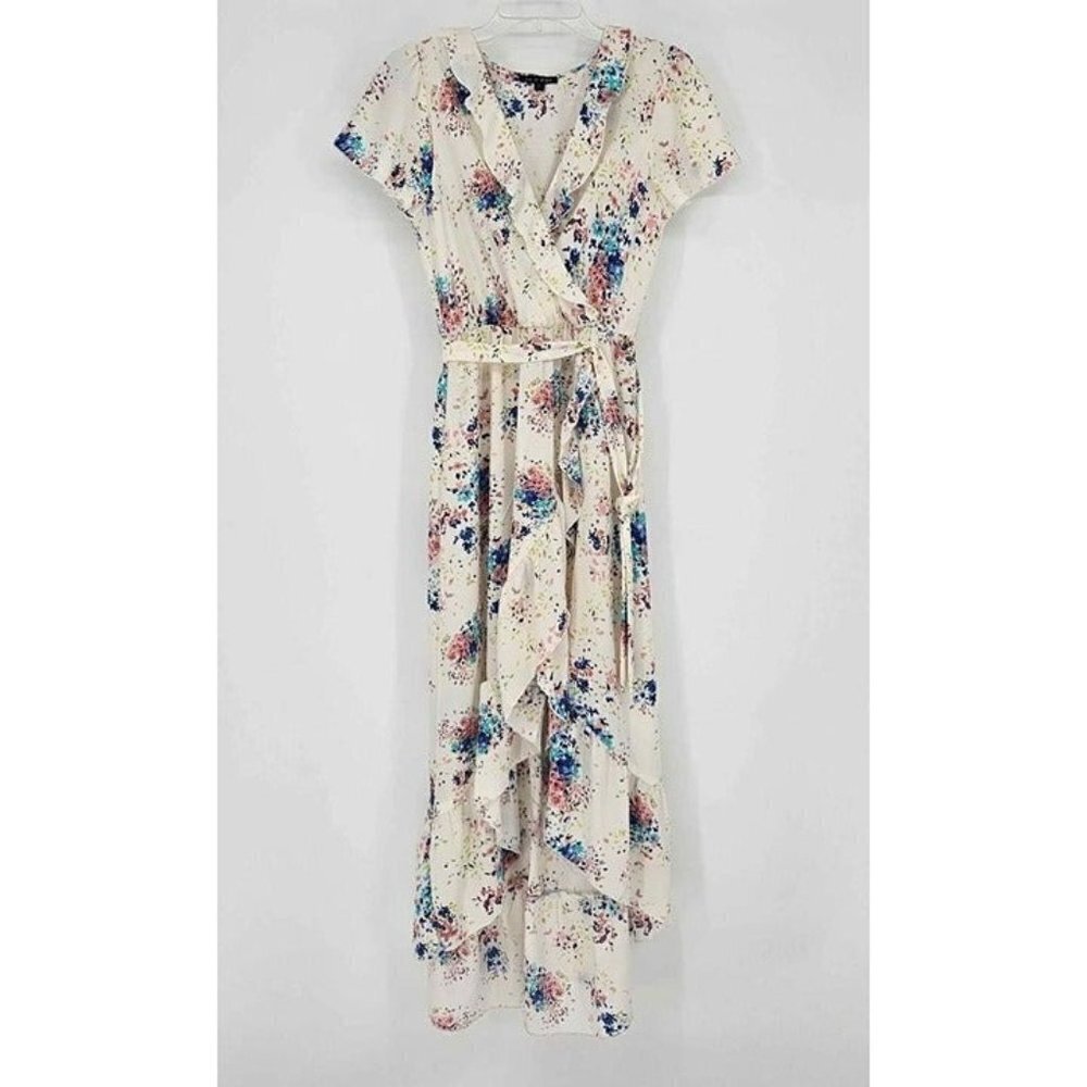 As U Wish Floral Print Faux Wrap Tie Waist Hi Low Hem Light & Airy Maxi Dress S